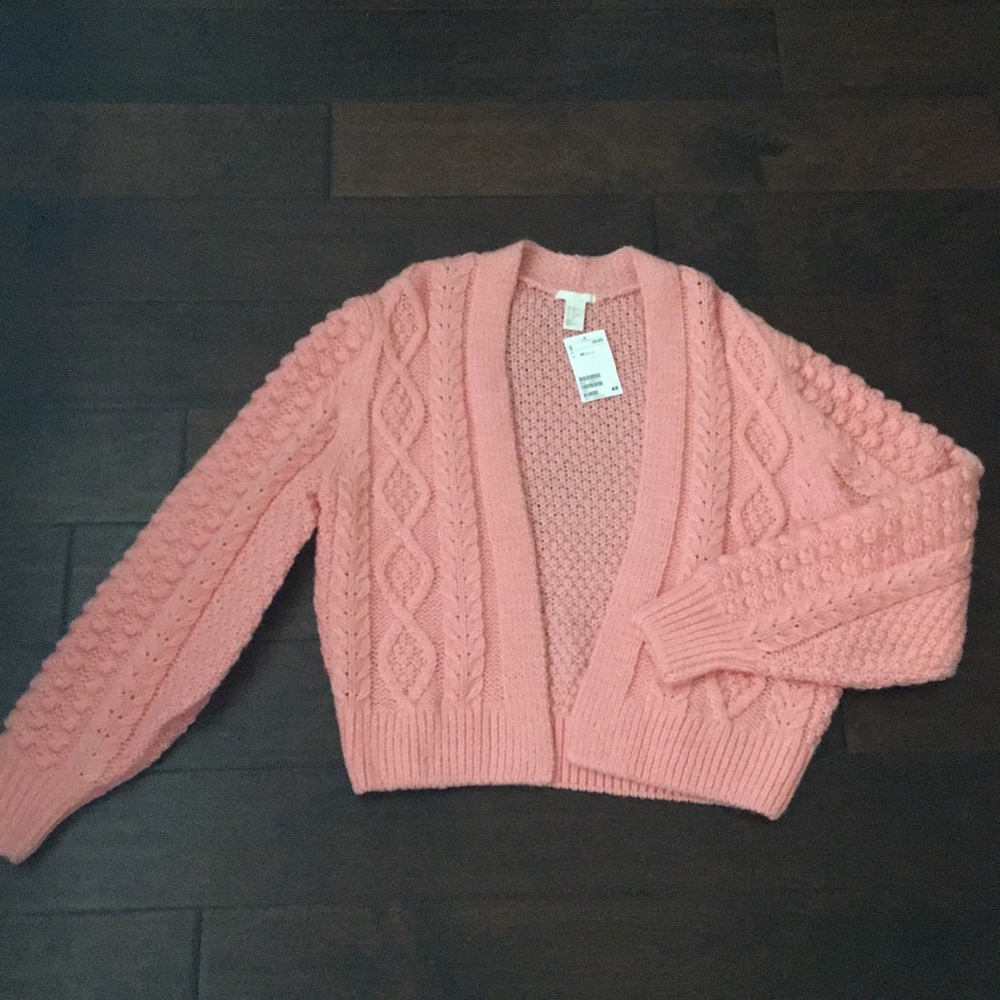 H&M pink open knit cardigan Pom Pom sleeve